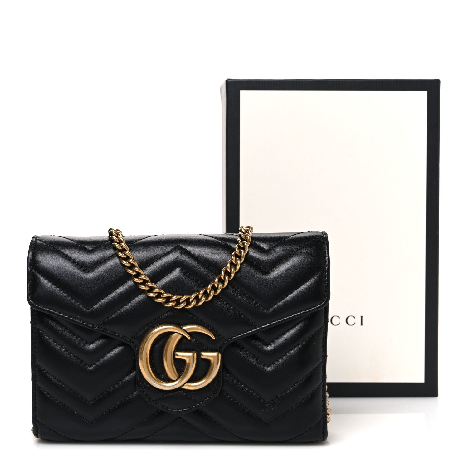 Gucci Calfskin Matelasse GG Marmont Chain Wallet Black