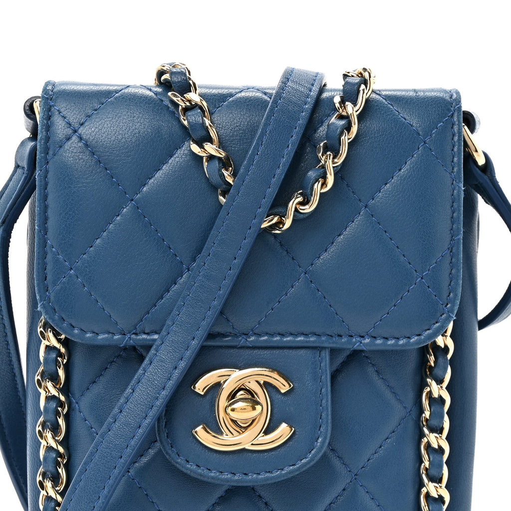 Lambskin Quilted Chain Phone Holder Blue