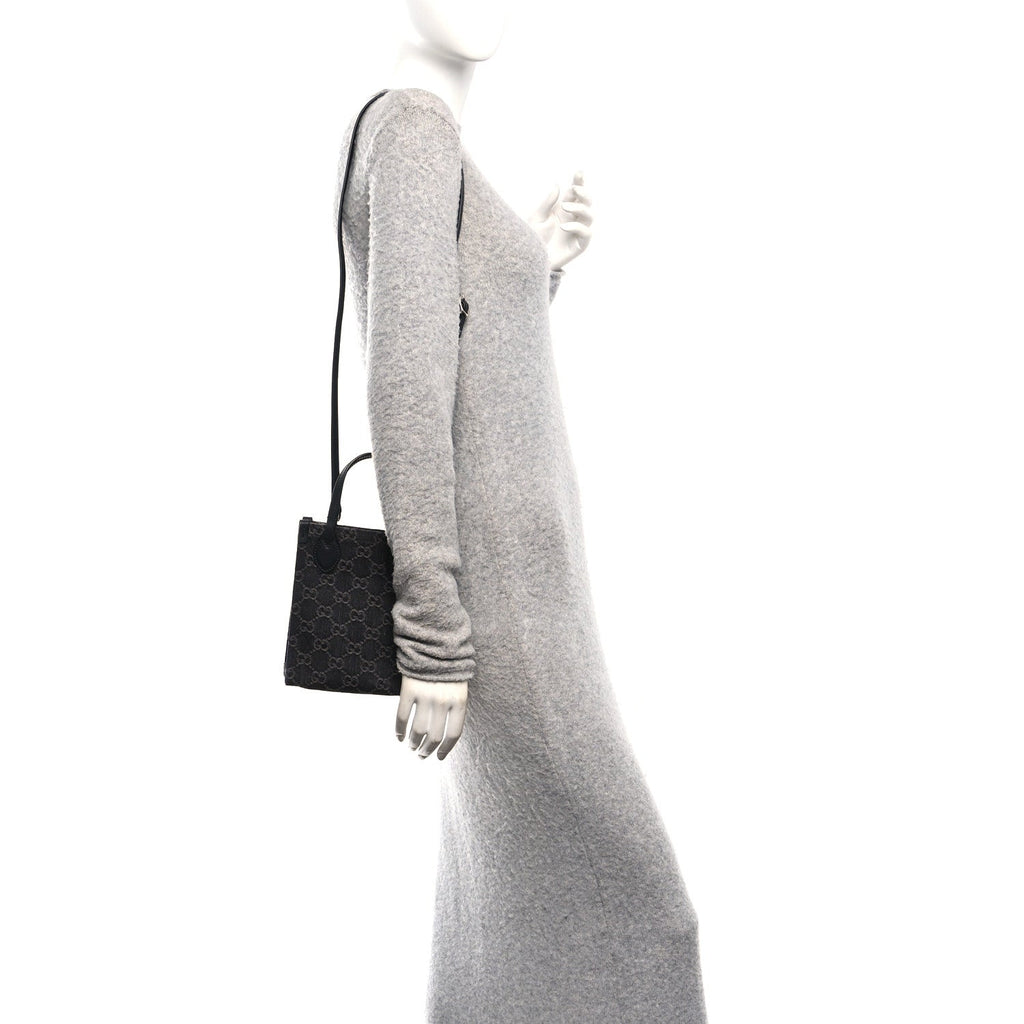 Gucci Denim GG Monogram Dollar Calfskin Mini Ophidia Tote Black Grey