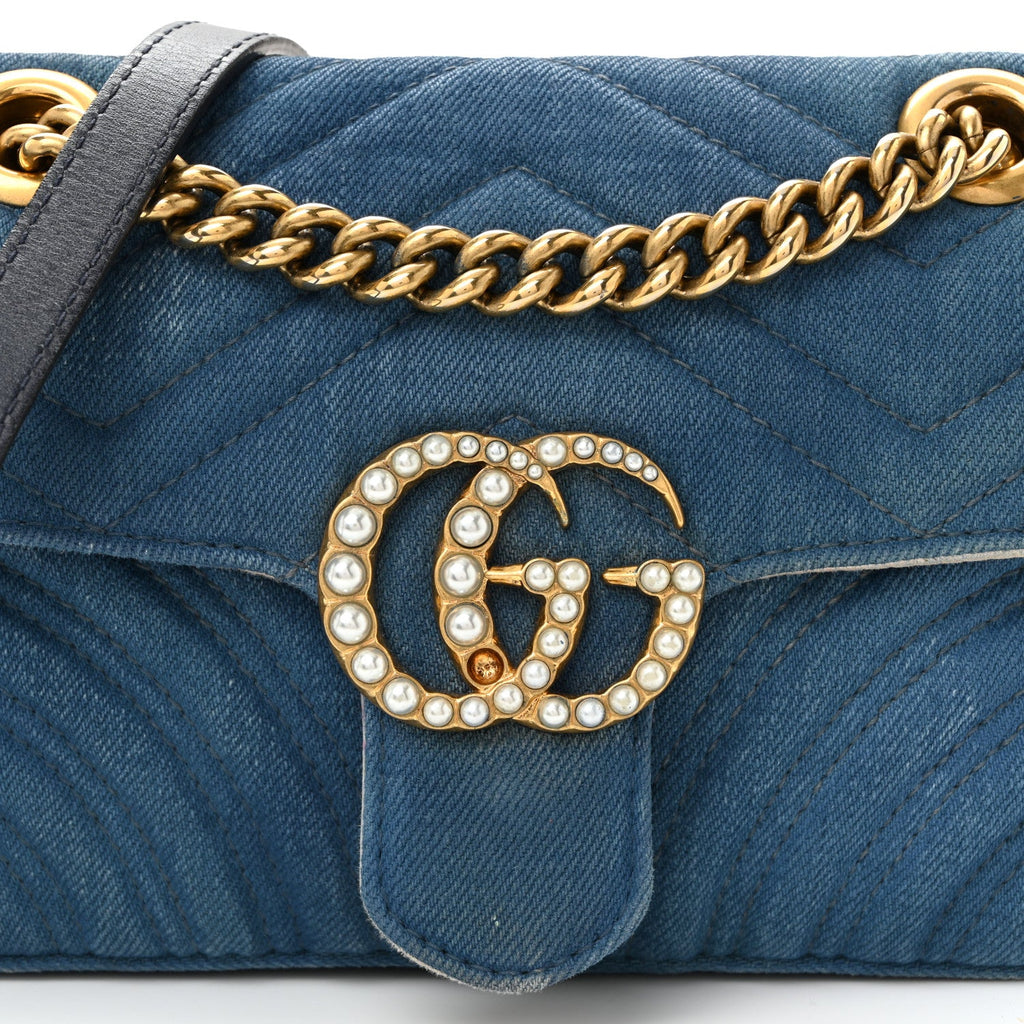 Gucci Denim Matelasse Mini Pearly GG Marmont Shoulder Bag Blue