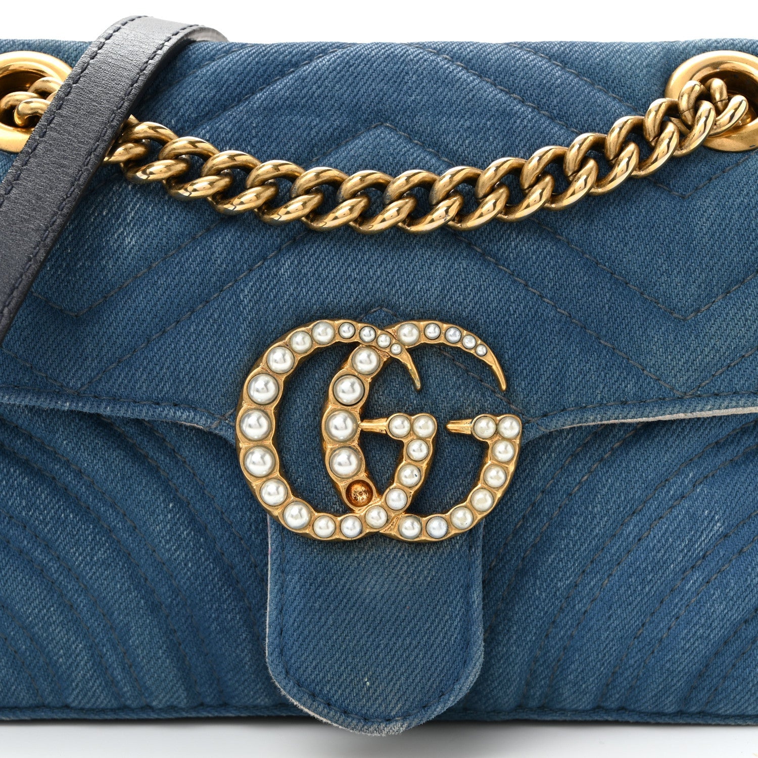 Gucci Denim Matelasse Mini Pearly GG Marmont Shoulder Bag Blue