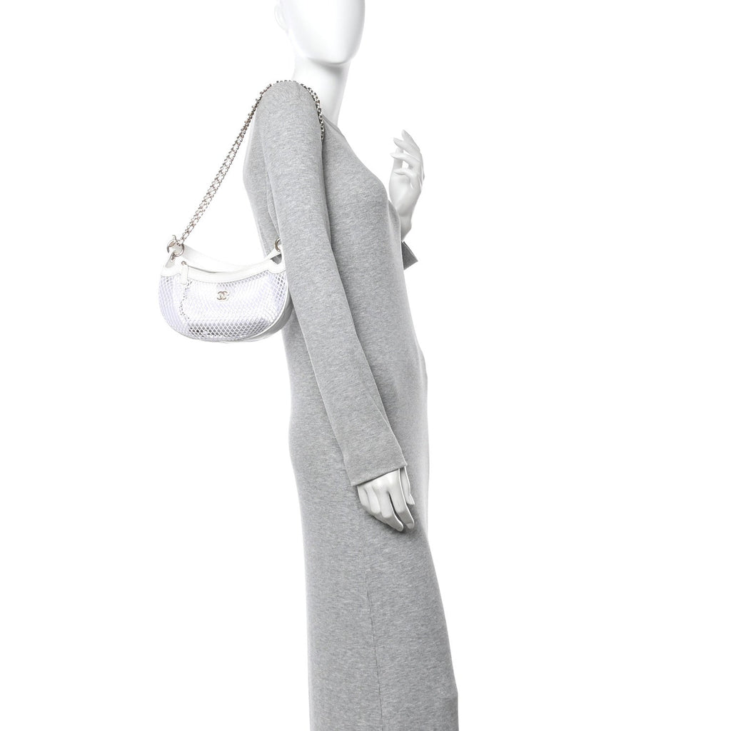 Chanel Mesh Shiny Lambskin Chain Hobo White