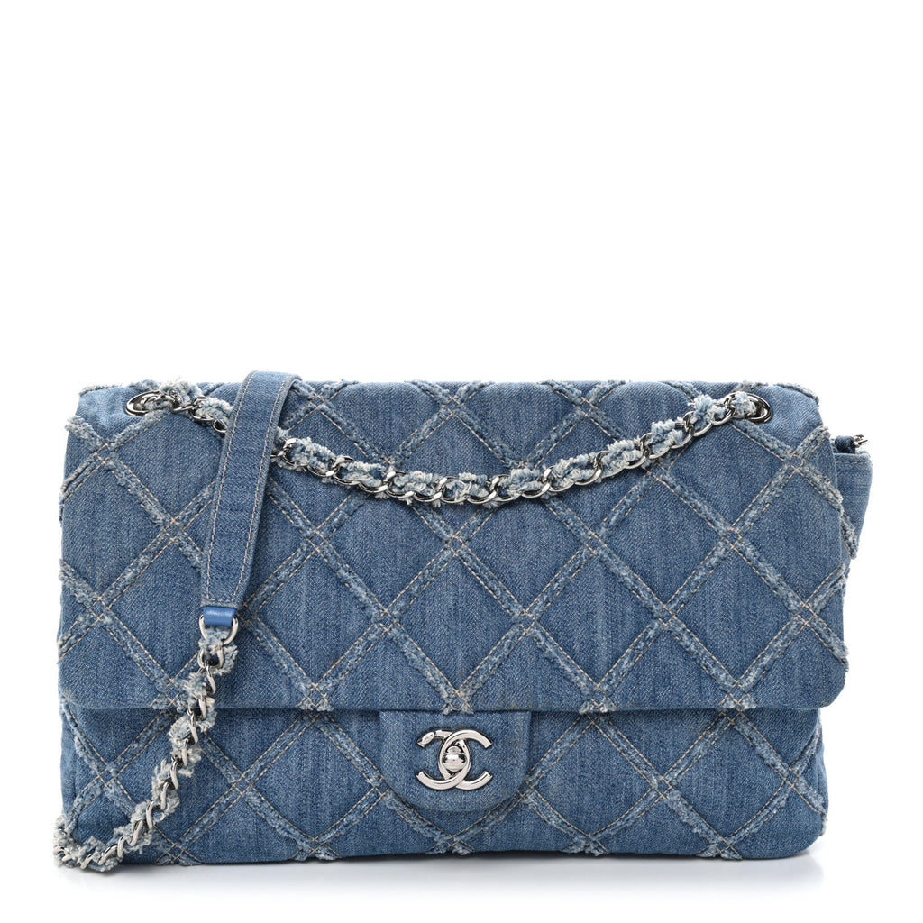 Chanel Frayed Denim Quilted Large Blue Chip Flap Blue