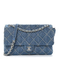 Chanel Frayed Denim Quilted Large Blue Chip Flap Blue