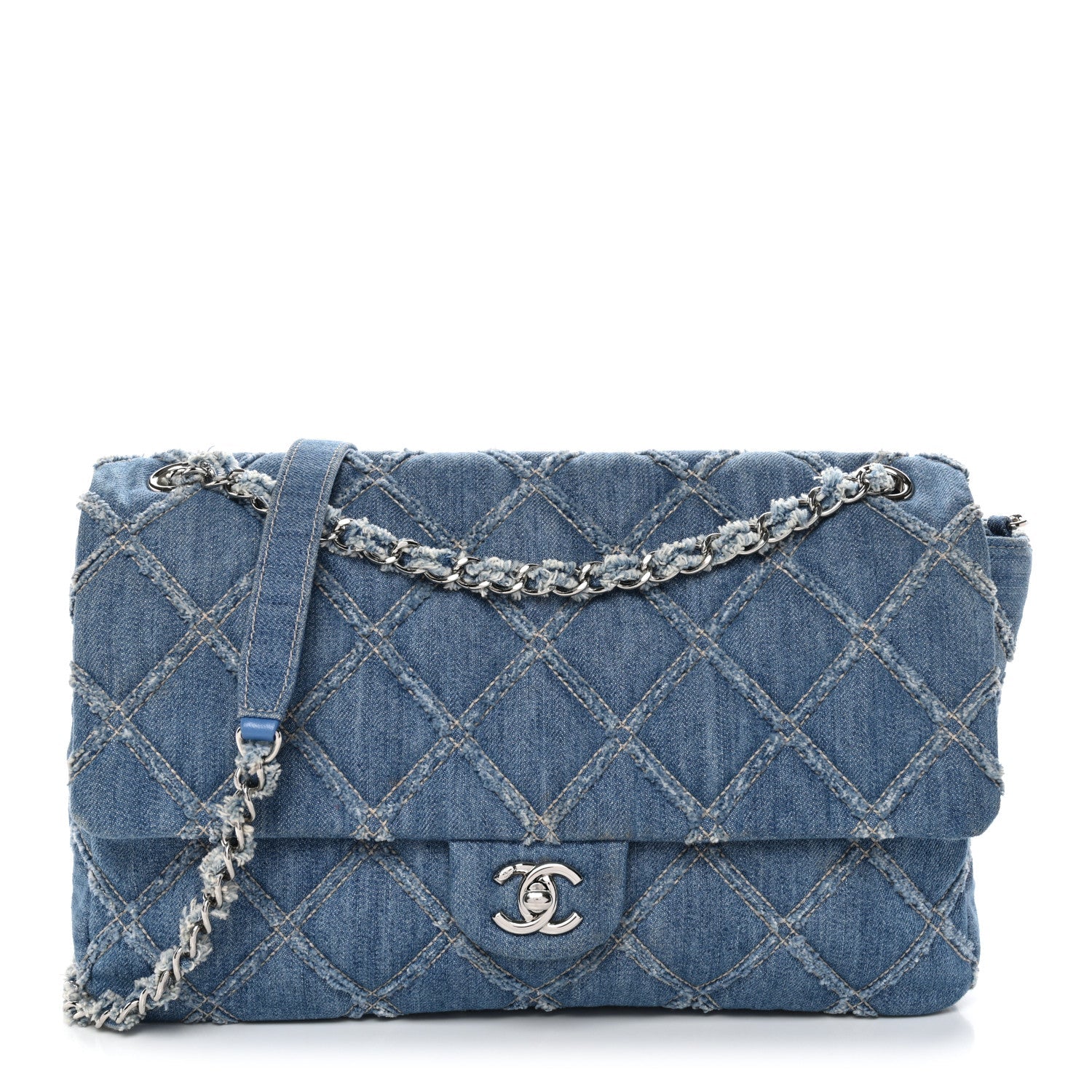Chanel Frayed Denim Quilted Large Blue Chip Flap Blue