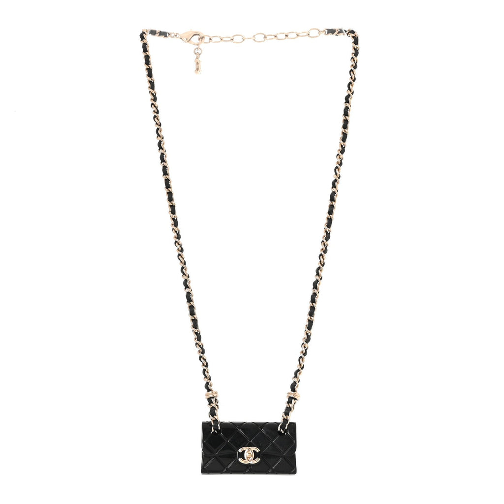 Metal Resin Calfskin Quilted CC Turnlock Chain Bag Necklace Gold Black
