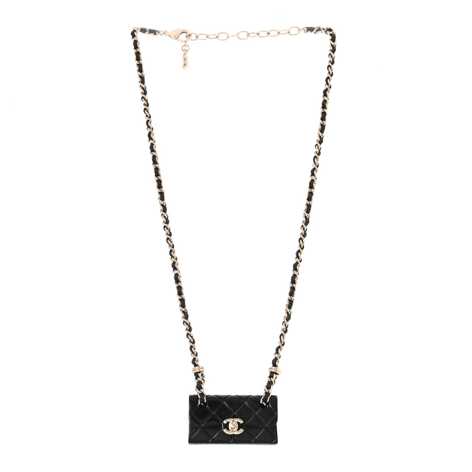 Metal Resin Calfskin Quilted CC Turnlock Chain Bag Necklace Gold Black