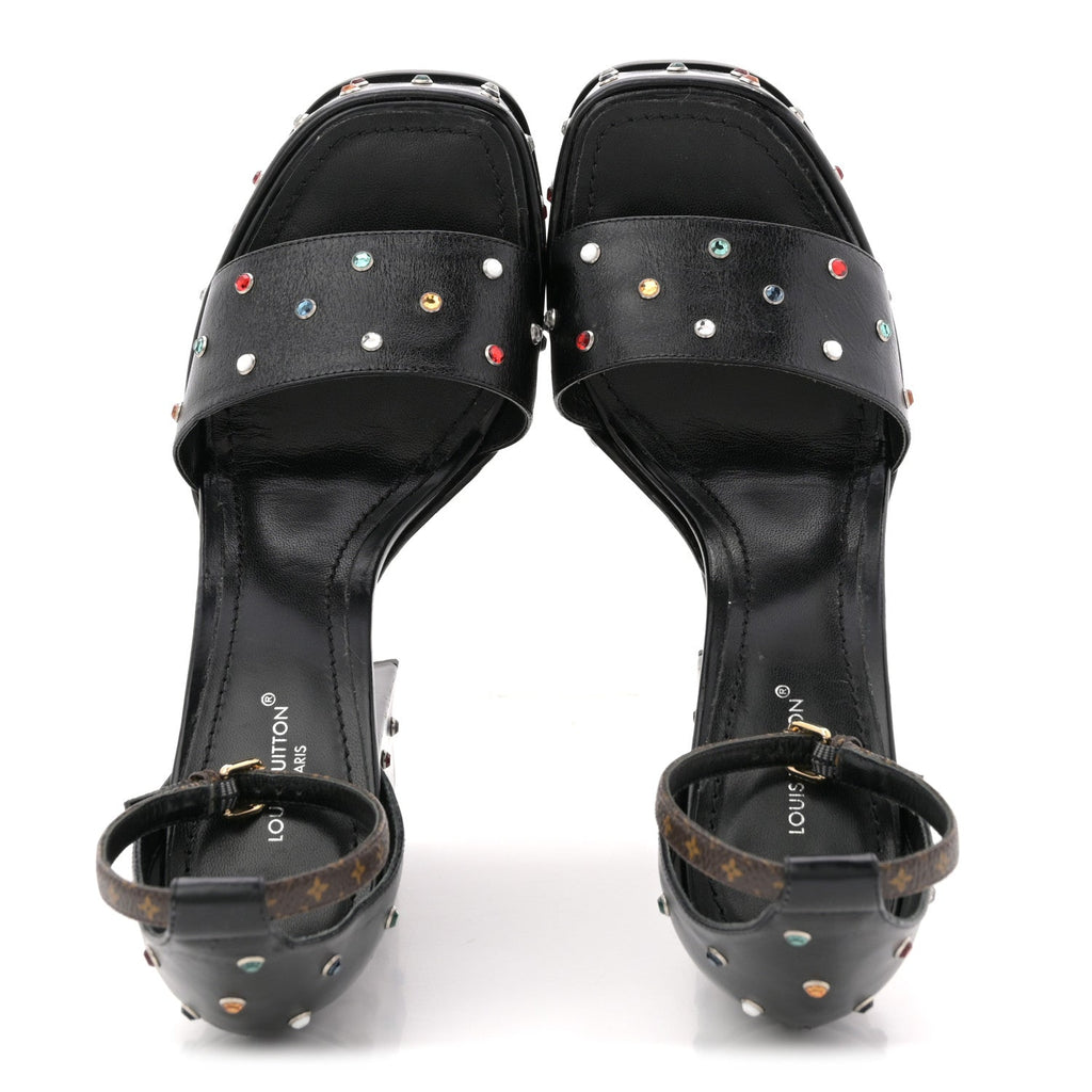 Louis Vuitton Calfskin Studded Fame Platform Sandals 37 Black
