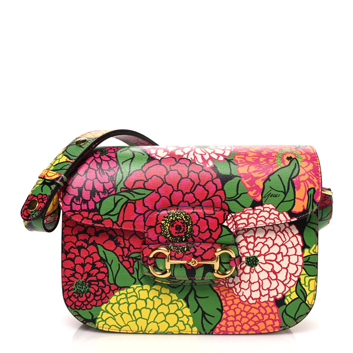 Gucci X KEN SCOTT New Shangai Calfskin Pomponica Print Horsebit 1955 Shoulder Bag Multicolor Fuxia Pompon