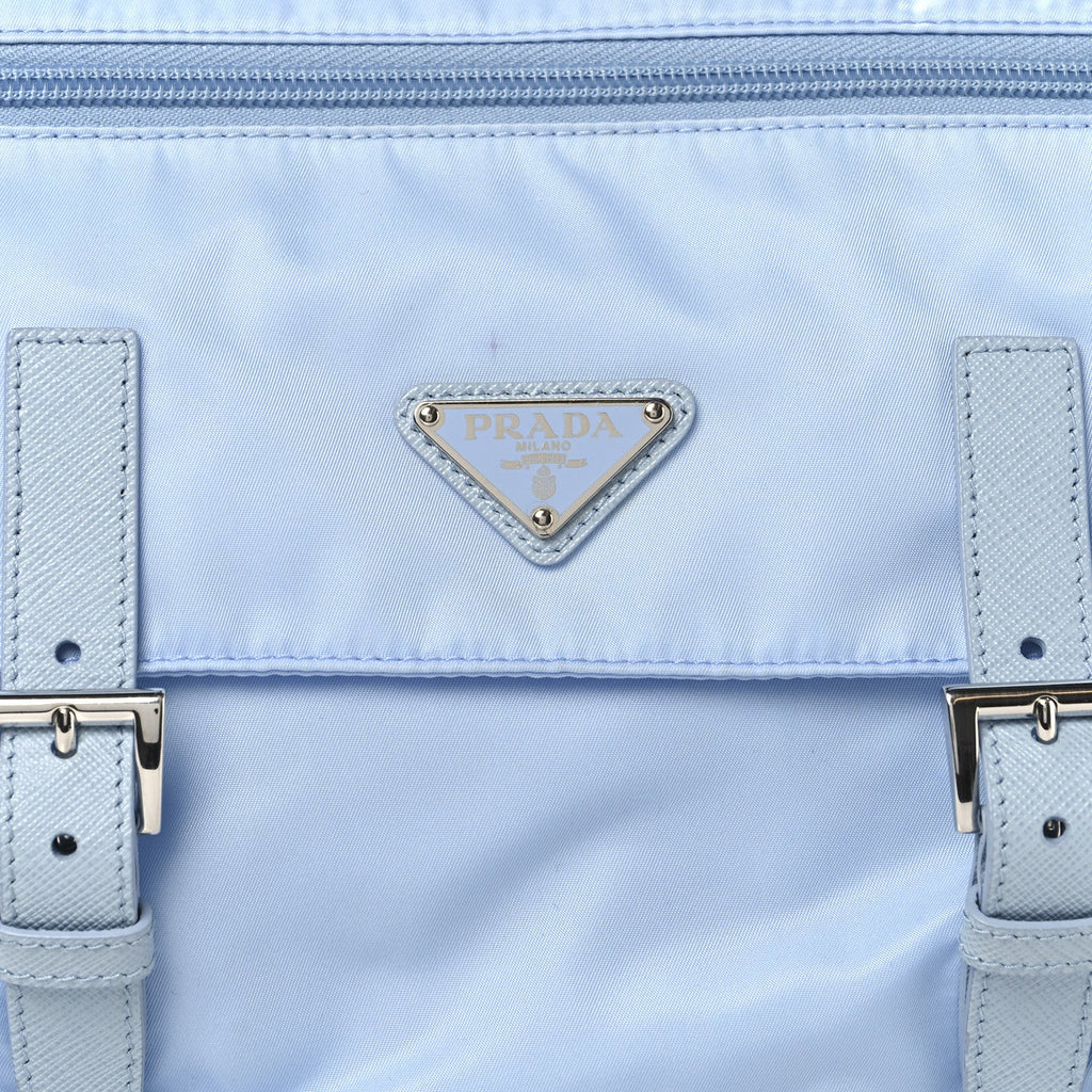 Prada Re-Nylon Vela Saffiano Pocket Double Buckle Messenger Shoulder Bag Celeste