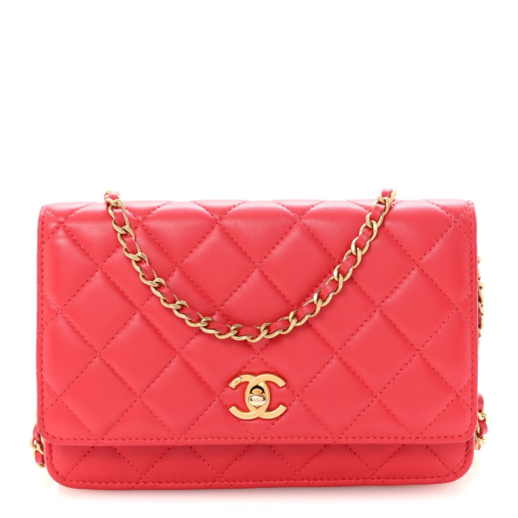 Chanel Lambskin Quilted CC Pearl Crush Wallet on Chain WOC Red