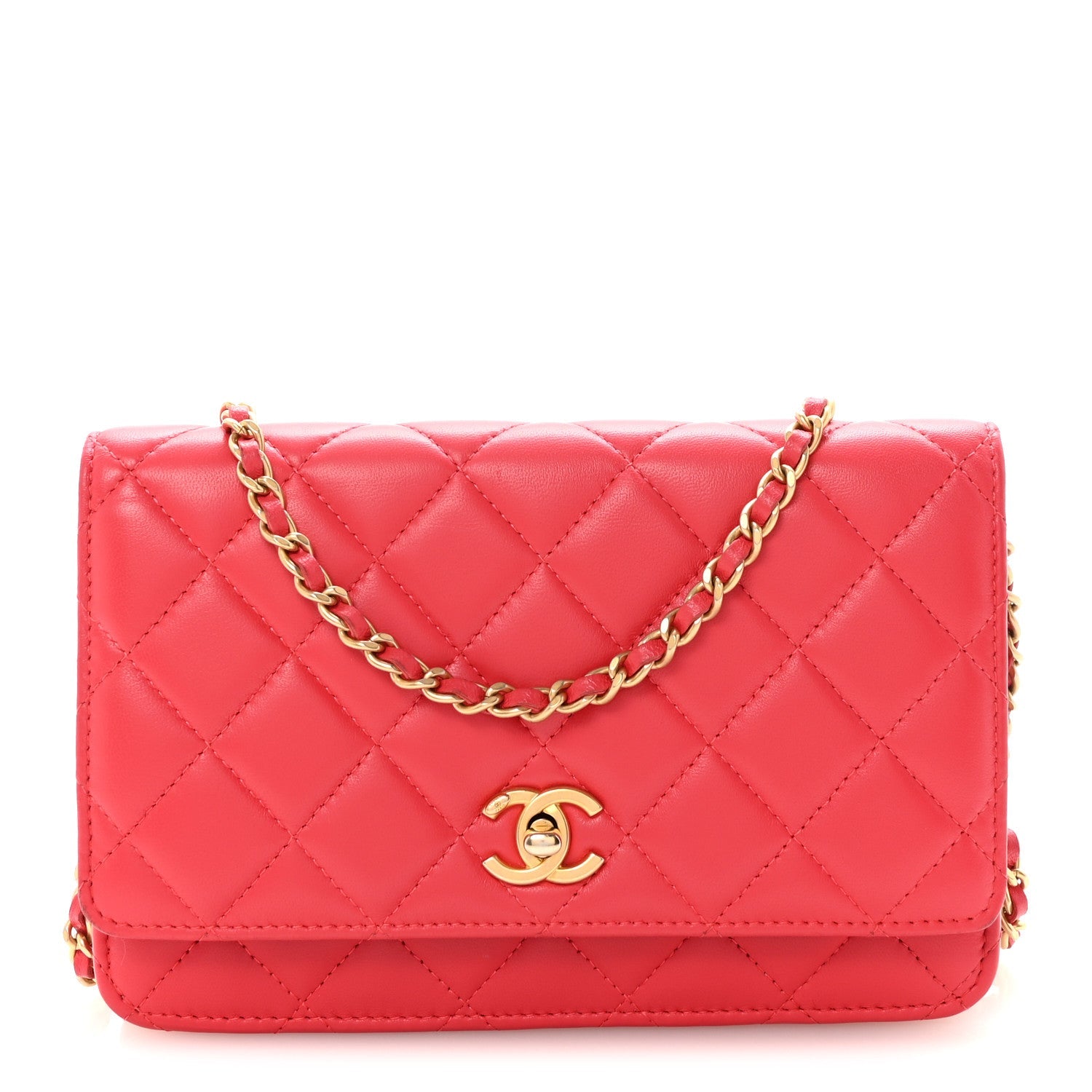Chanel Lambskin Quilted CC Pearl Crush Wallet on Chain WOC Red