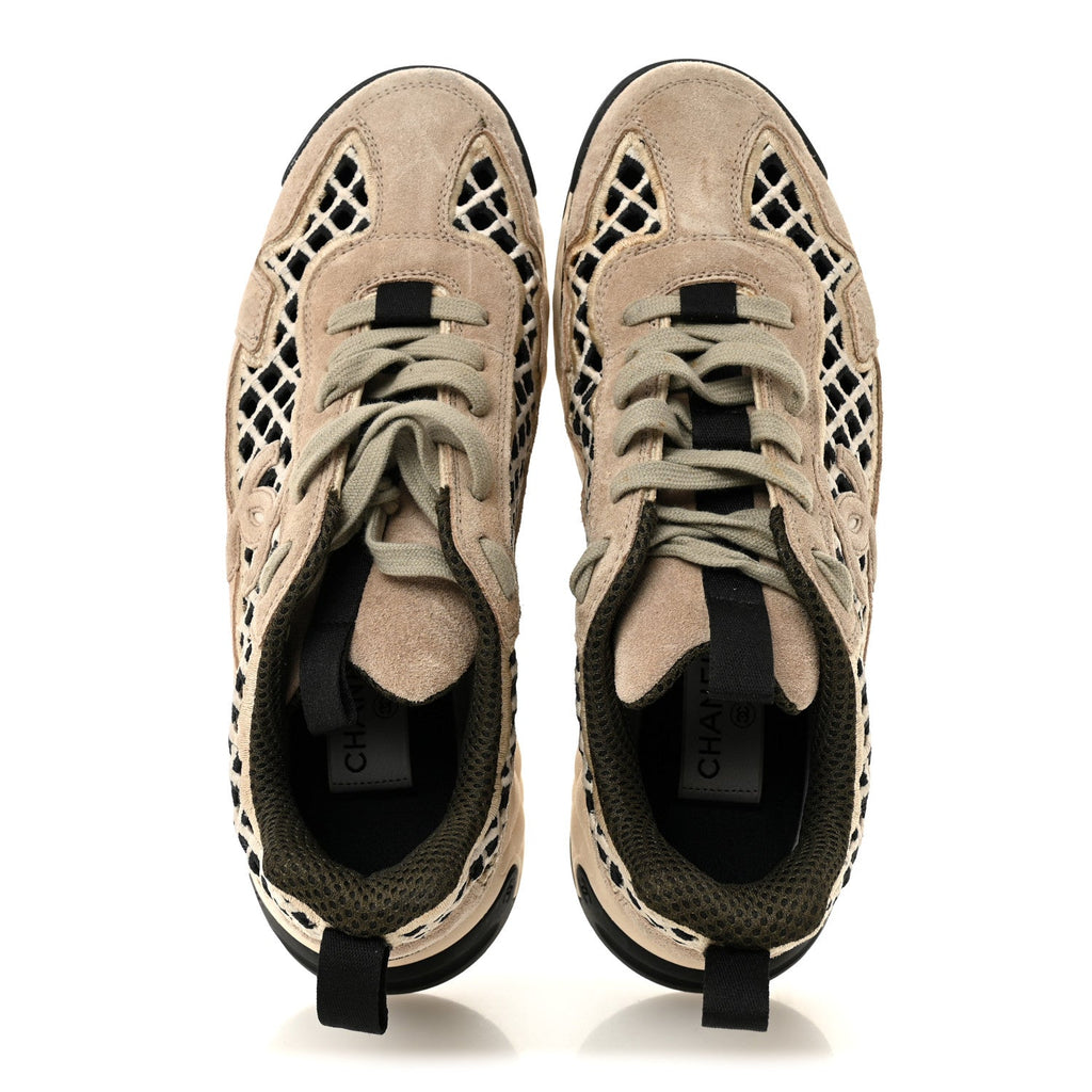 Chanel Suede Calfskin Embroidered CC Sneakers 39 Beige Black