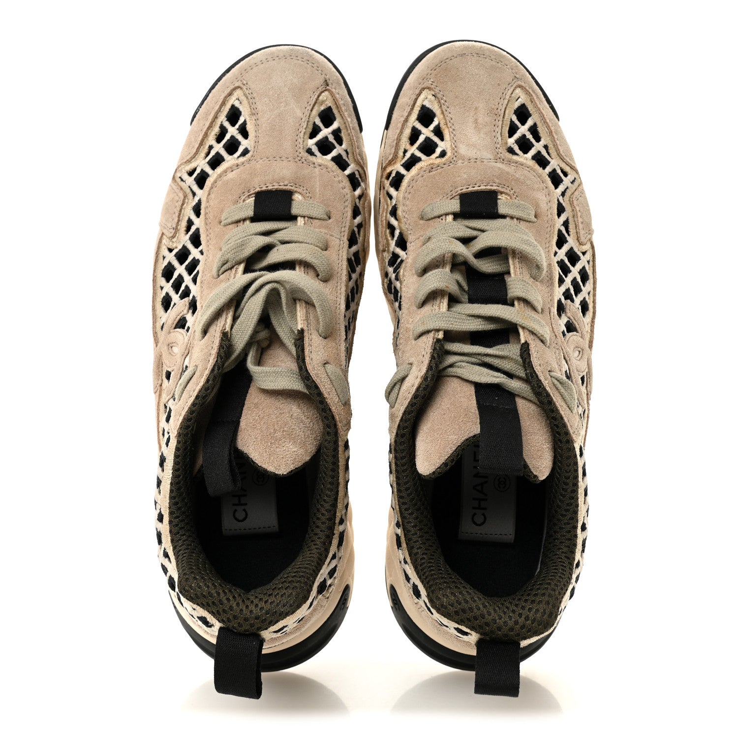 Chanel Suede Calfskin Embroidered CC Sneakers 39 Beige Black