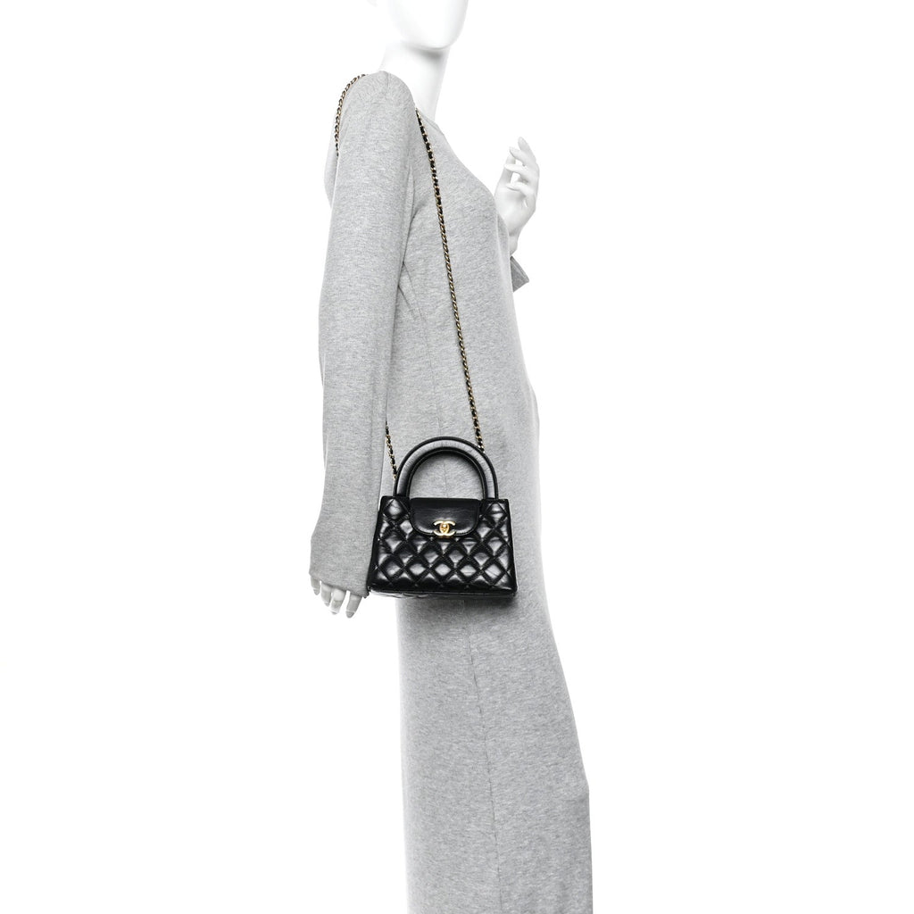 Chanel Shiny Aged Calfskin Quilted Nano Kelly Shopper Black