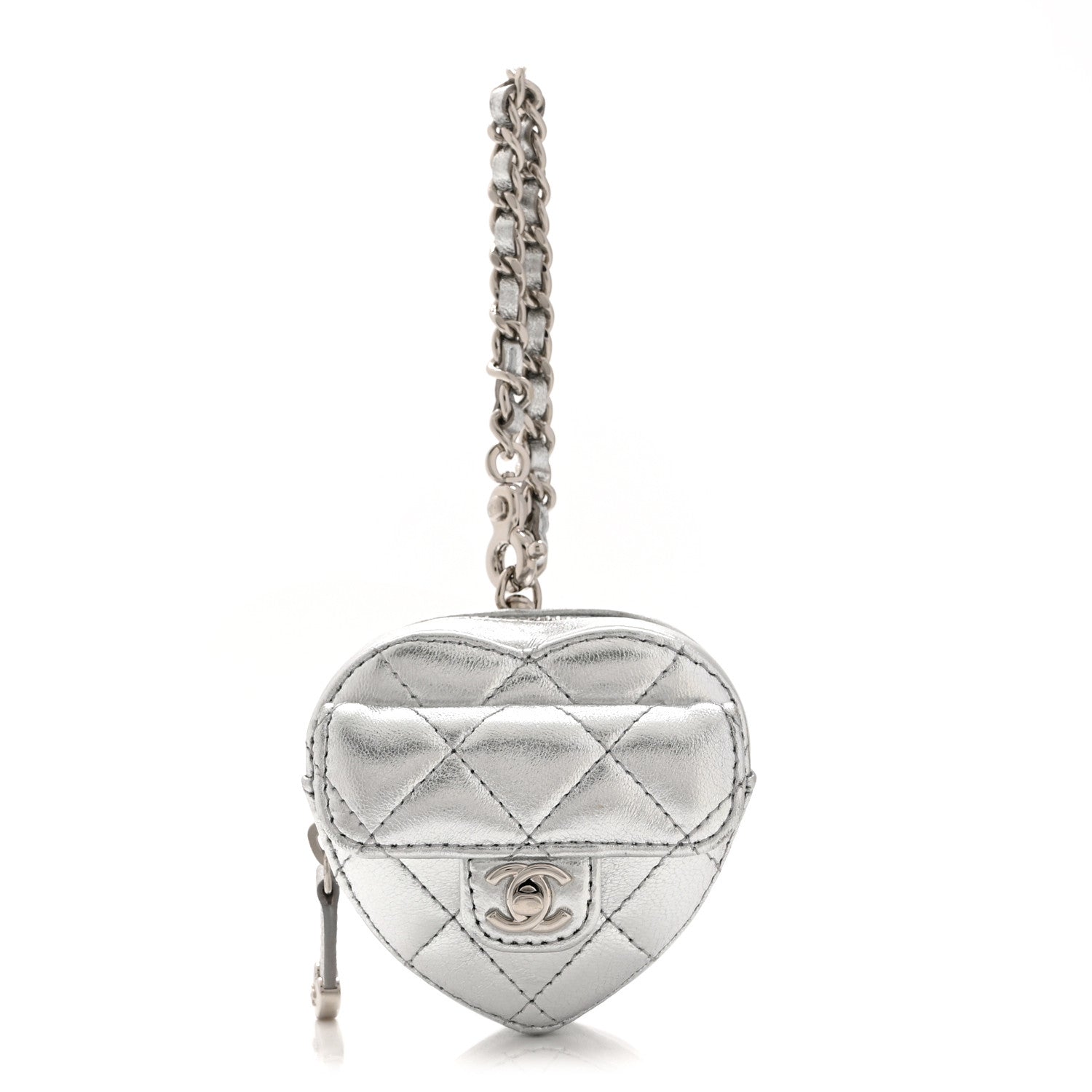 Metallic Lambskin Quilted CC Mini In Love Heart Bag Charm Silver