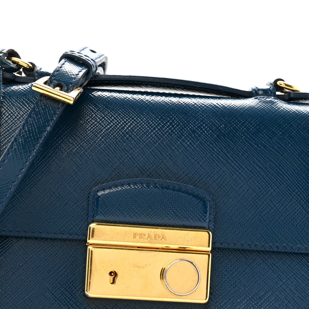 Prada Saffiano Vernice Lock Flap Chain Bag Azzurro