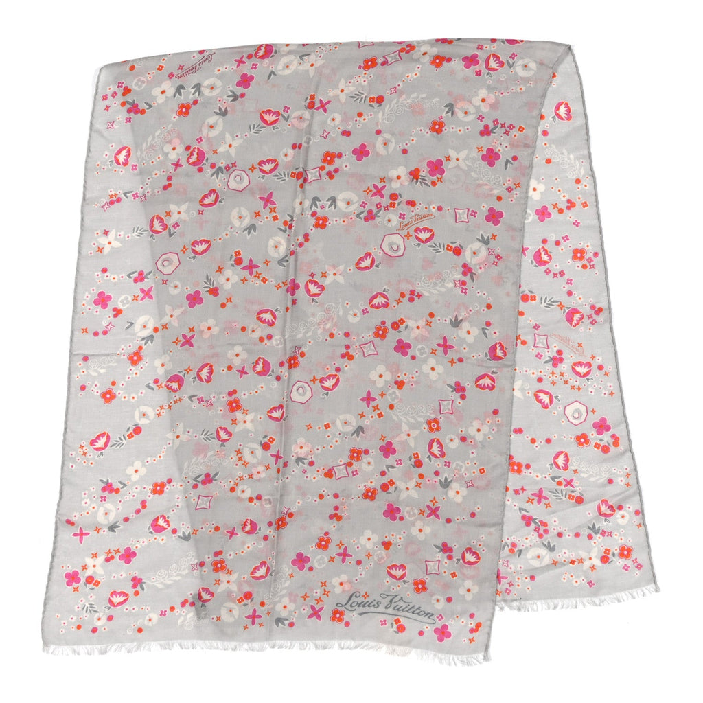 Louis Vuitton Cashmere Silk Wool Floral Stole Grey