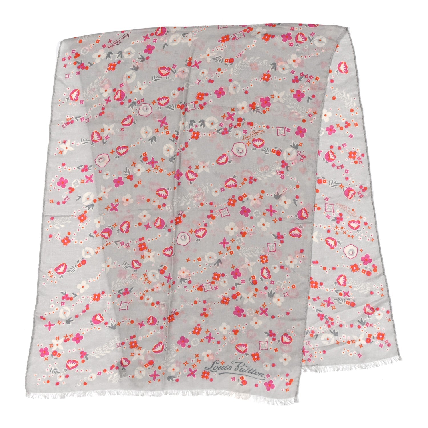Louis Vuitton Cashmere Silk Wool Floral Stole Grey