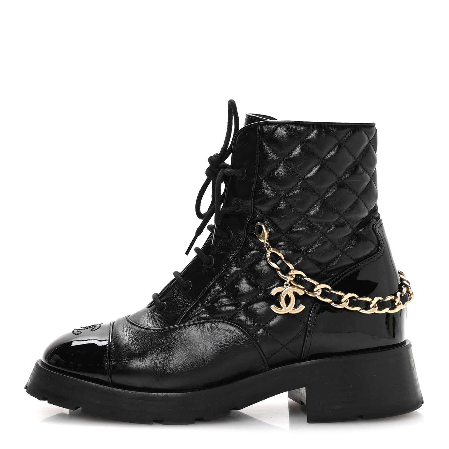 Chanel Shiny Calfskin Patent Quilted Chain Lace Up Combat Boots 40.5 Black