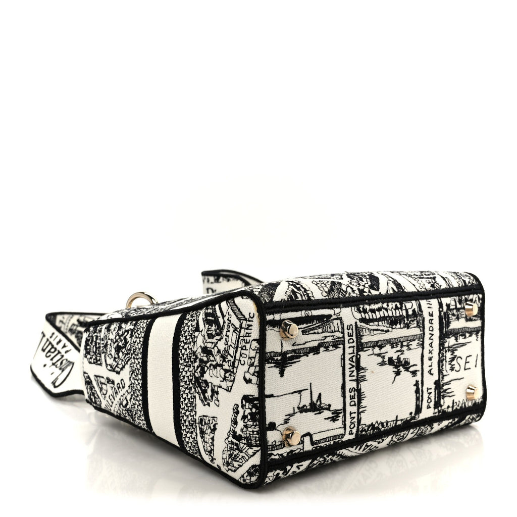 Christian Dior Canvas Embroidered Plan de Paris Medium Lady D-Lite White Black