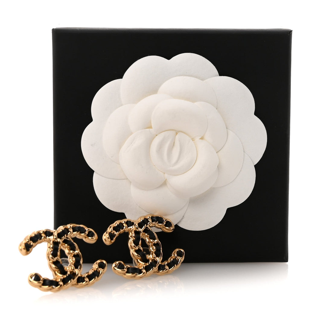 Lambskin CC Chain Earrings Black Gold