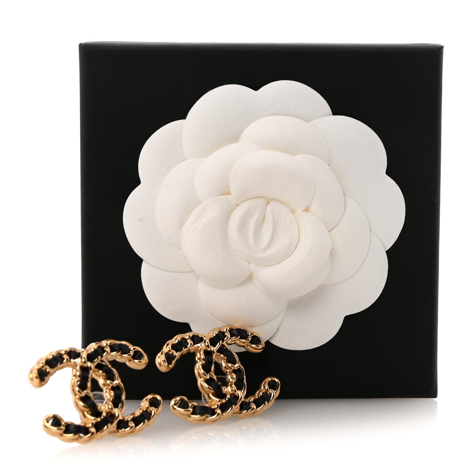 Lambskin CC Chain Earrings Black Gold