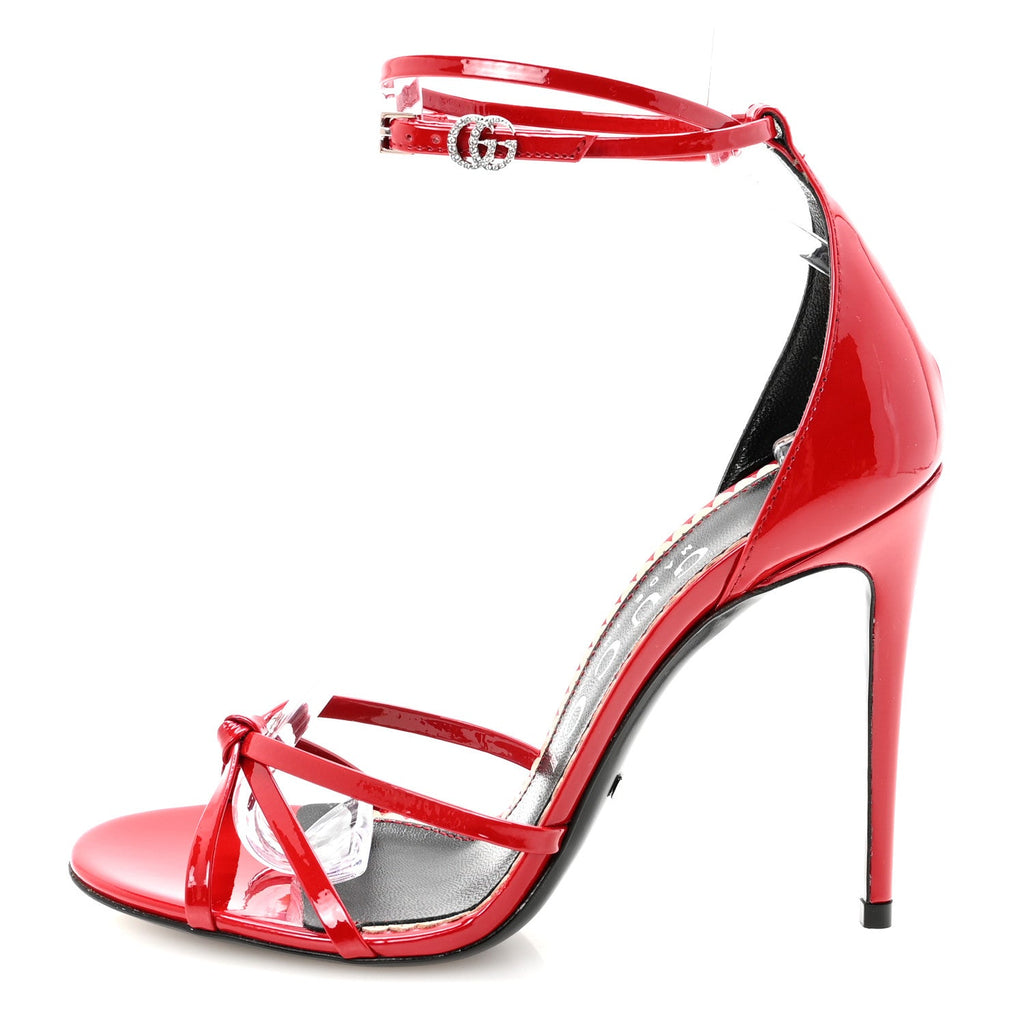 Gucci Patent Crystal Double G Ankle Wrap Sandals 37 Red