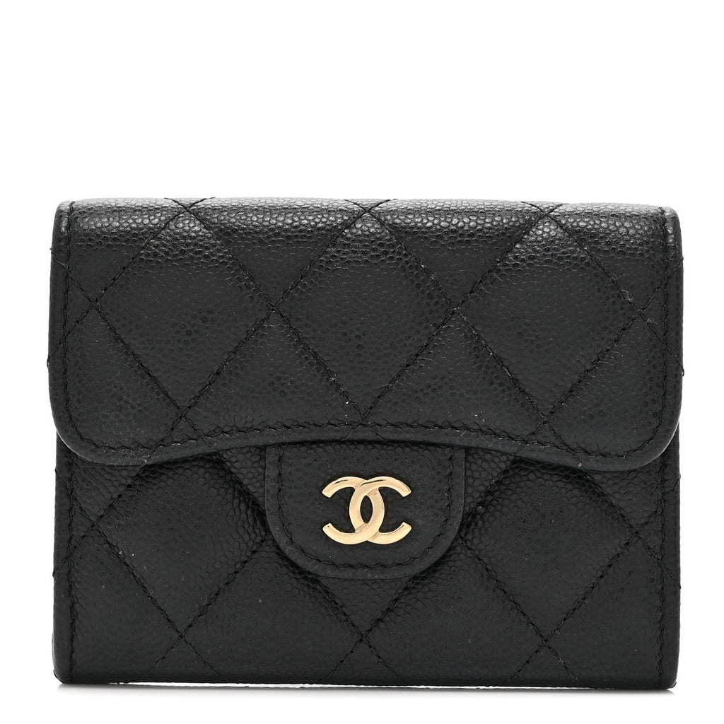 Caviar Quilted Flap Card Holder Wallet Black