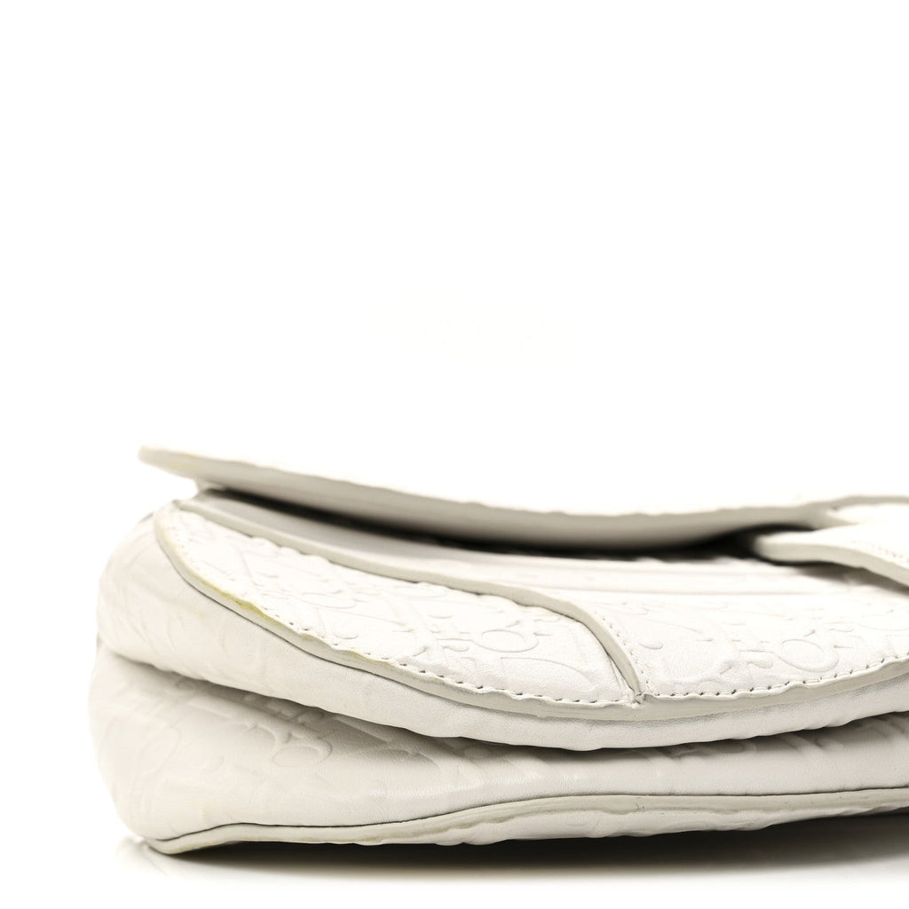 Christian Dior Calfskin Embossed Oblique Saddle Bag White