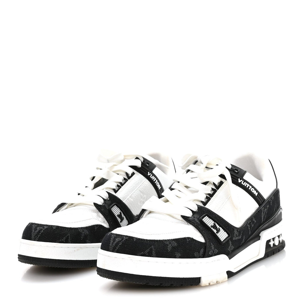 Louis Vuitton Calfskin Embossed Monogram Denim Mens LV Trainer Sneakers 9 Black