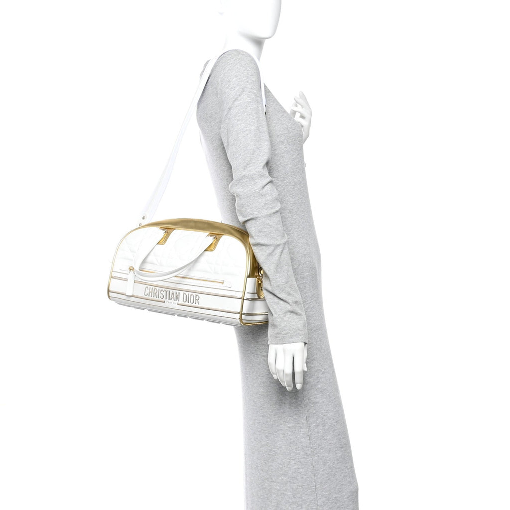 Christian Dior Calfskin Padded Macrocannage Medium Dior Vibe Zip Bowling Bag White Gold