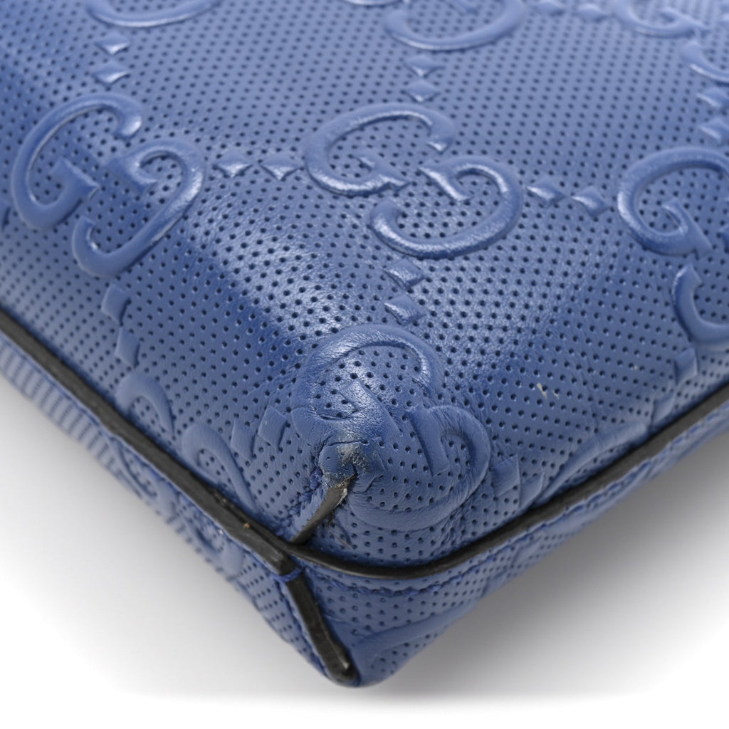 Gucci Calfskin GG Tennis Embossed Medium Wristlet Messenger Bag Intense Metal Blue