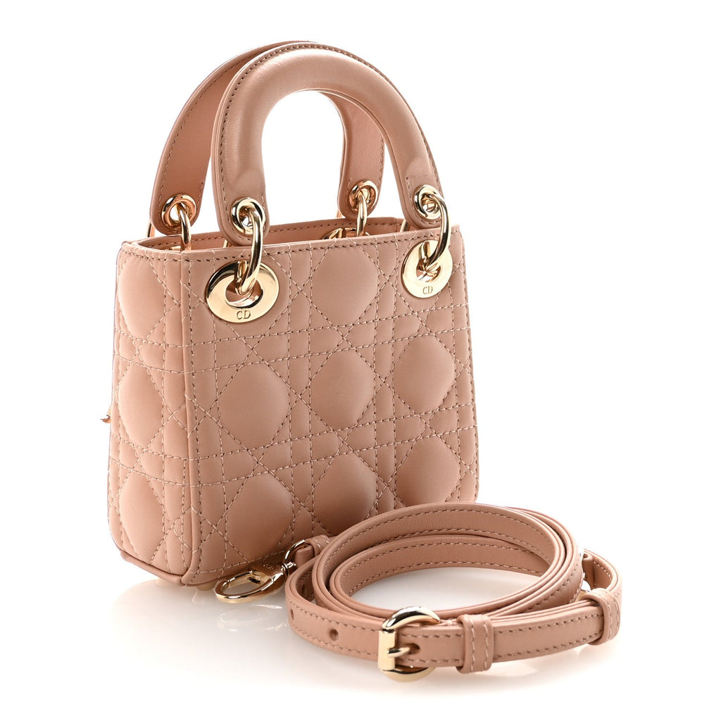 Christian Dior Lambskin Cannage Micro Lady Dior Rose Des Vents