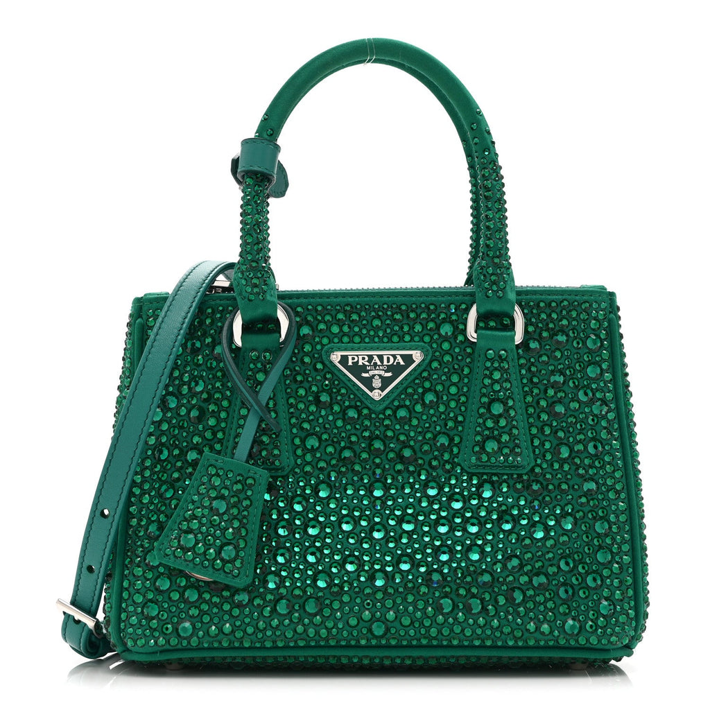 Prada Satin Crystal Mini Galleria Double Zip Tote Mango