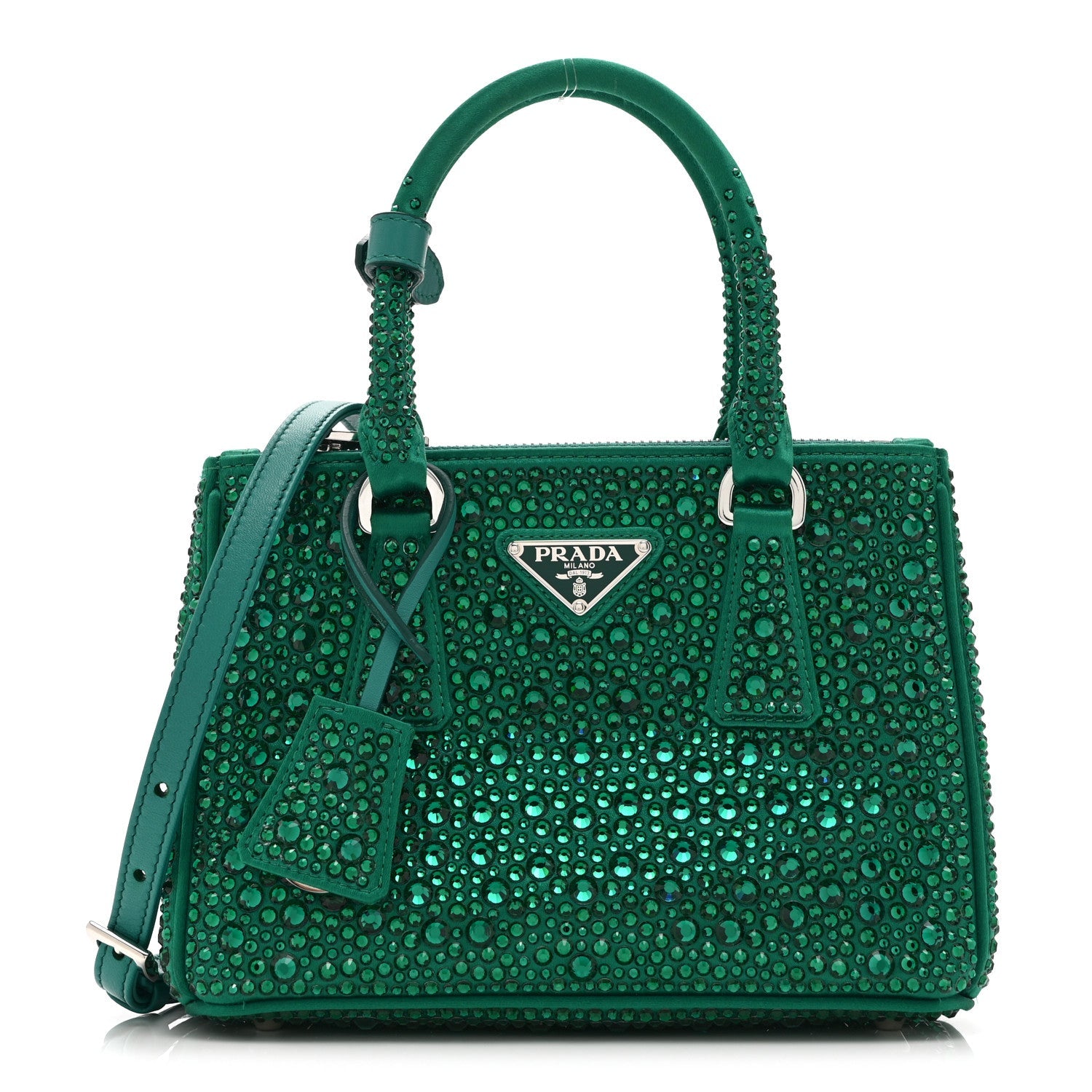 Prada Satin Crystal Mini Galleria Double Zip Tote Mango
