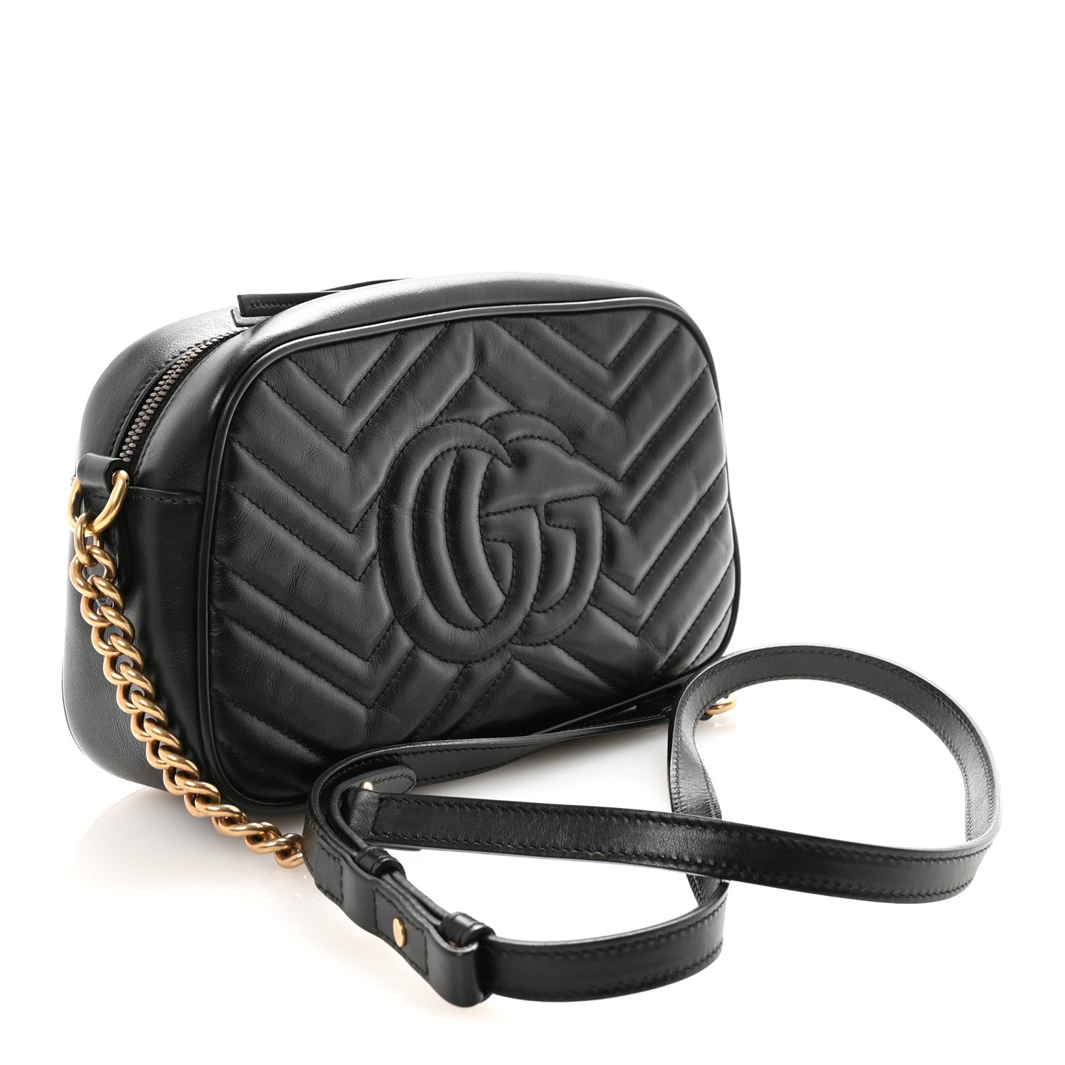 Gucci Calfskin Matelasse Small GG Marmont Chain Shoulder Bag Black