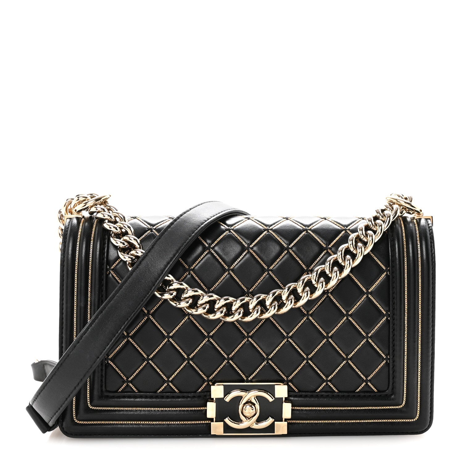 Chanel Lambskin Chain Quilted Medium Boy Flap Black