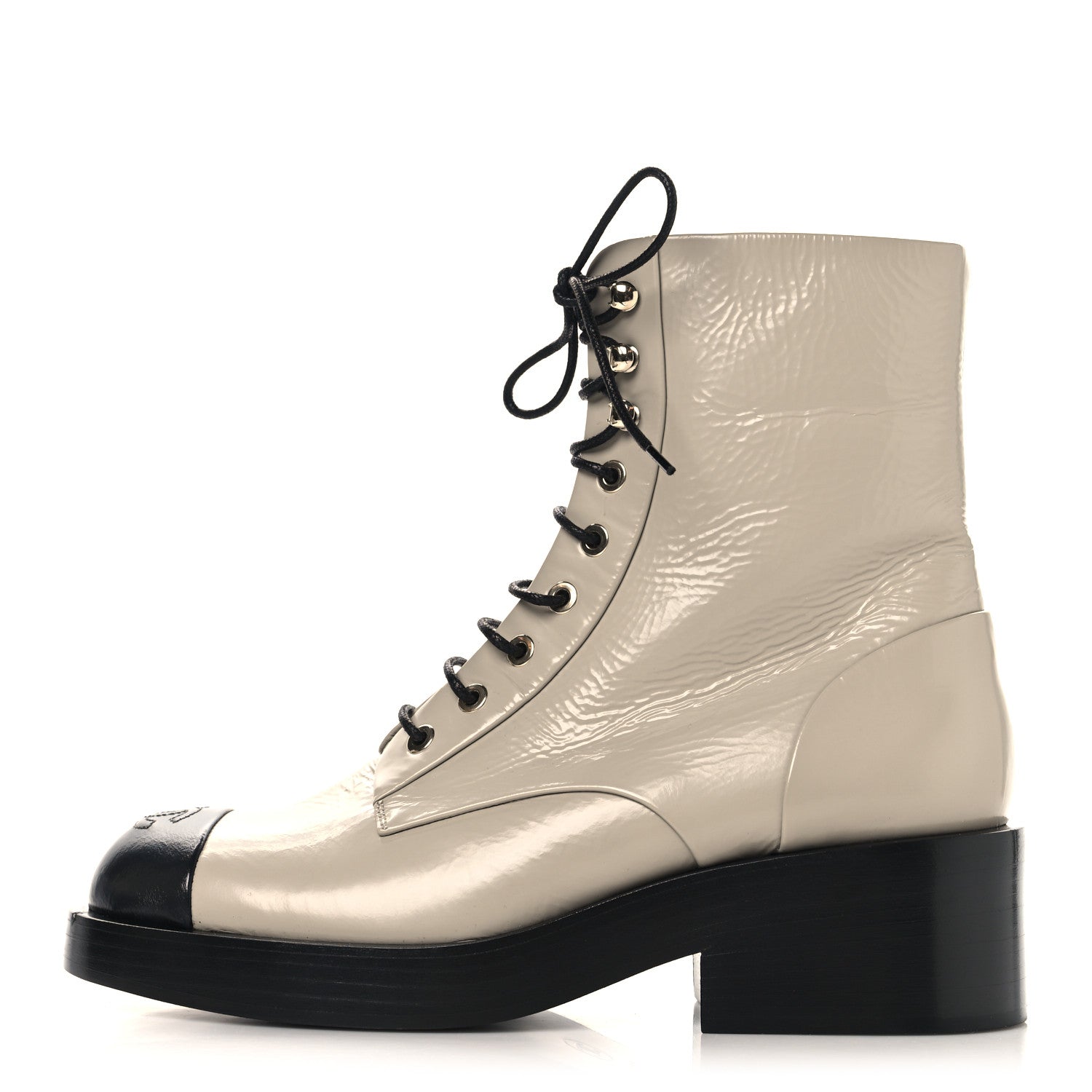 Chanel Shiny Goatskin Cap Toe Combat Boots 39 Gray Dark Gray