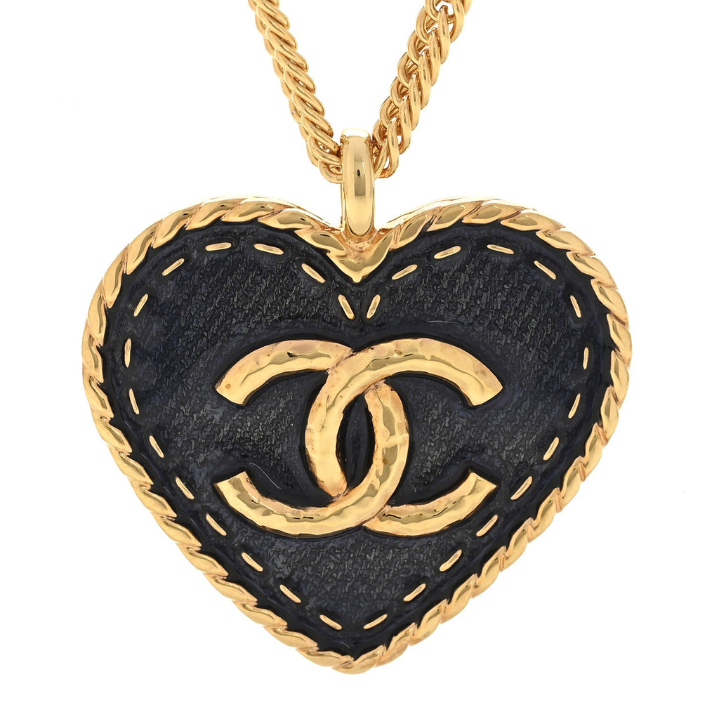 Metal Enamel CC Denim Heart Necklace Gold