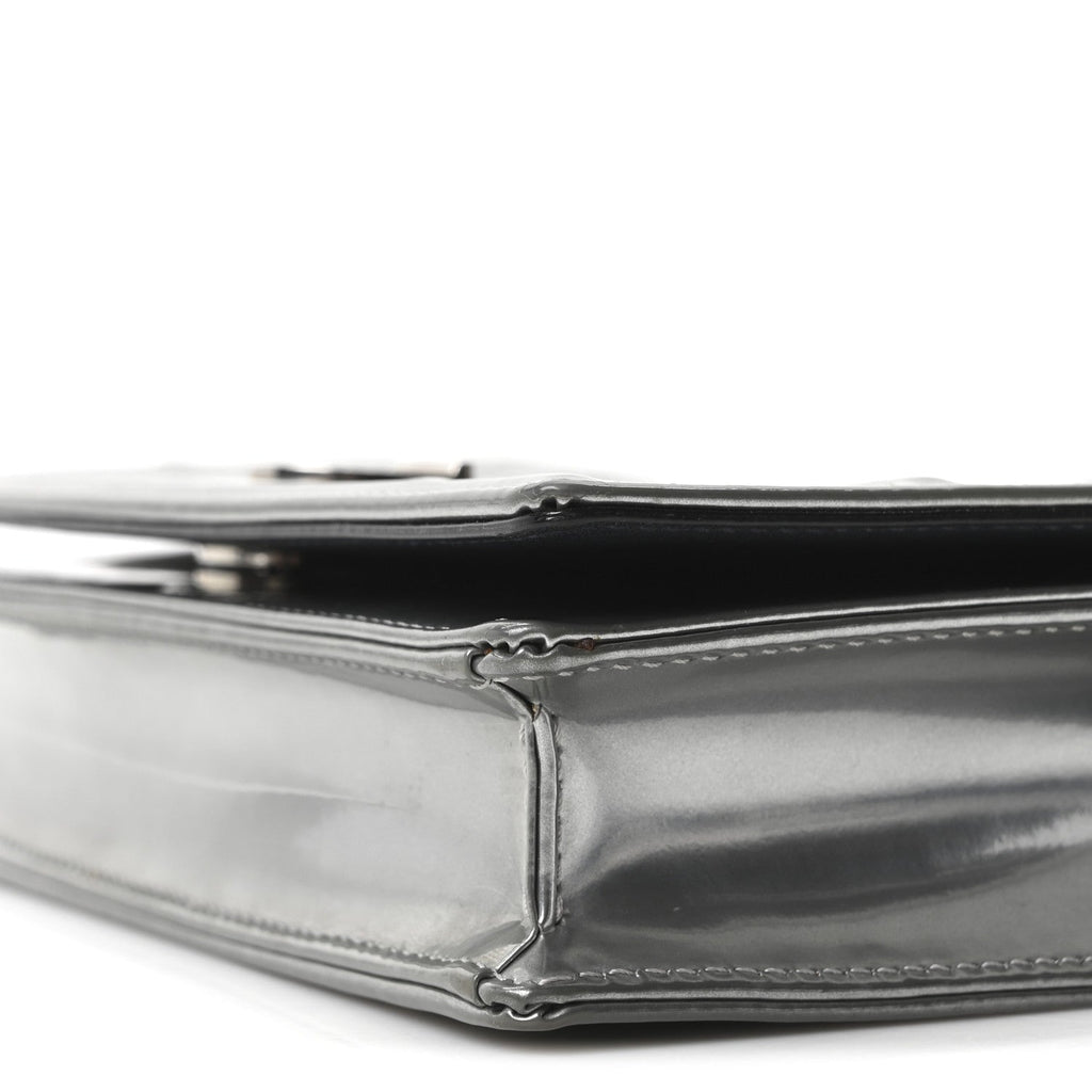 Christian Dior Metallic Patent Micro-Cannage Diorama Wallet on Chain Pouch Silver