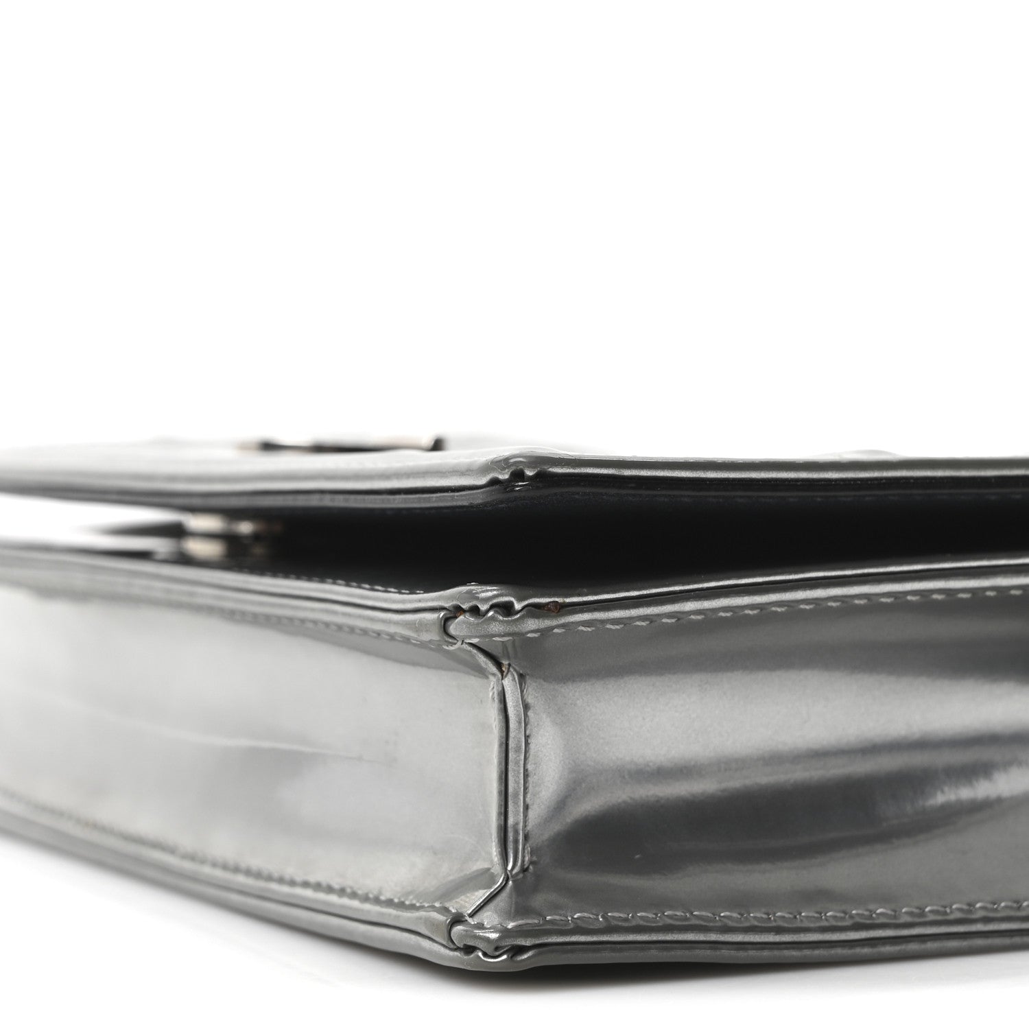 Christian Dior Metallic Patent Micro-Cannage Diorama Wallet on Chain Pouch Silver