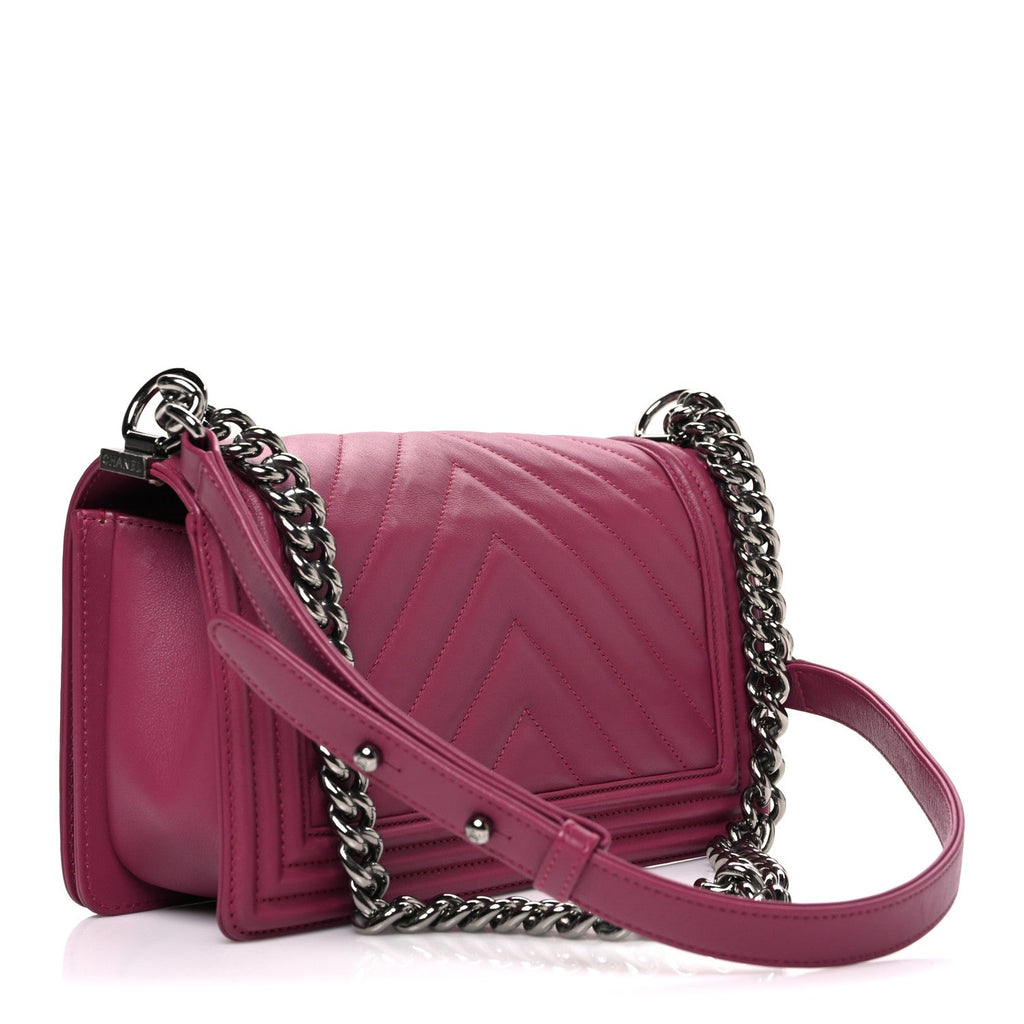 Chanel Lambskin Chevron Quilted Medium Boy Flap Dark Pink
