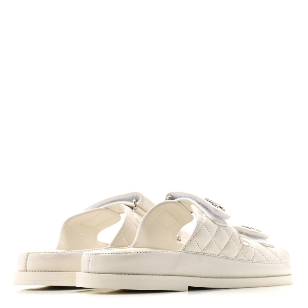 Lambskin Quilted Velcro Dad Chain CC Slide Sandals 39.5 White