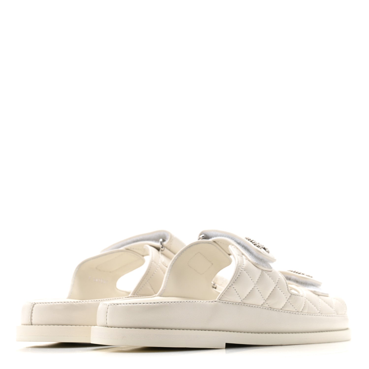 Lambskin Quilted Velcro Dad Chain CC Slide Sandals 39.5 White
