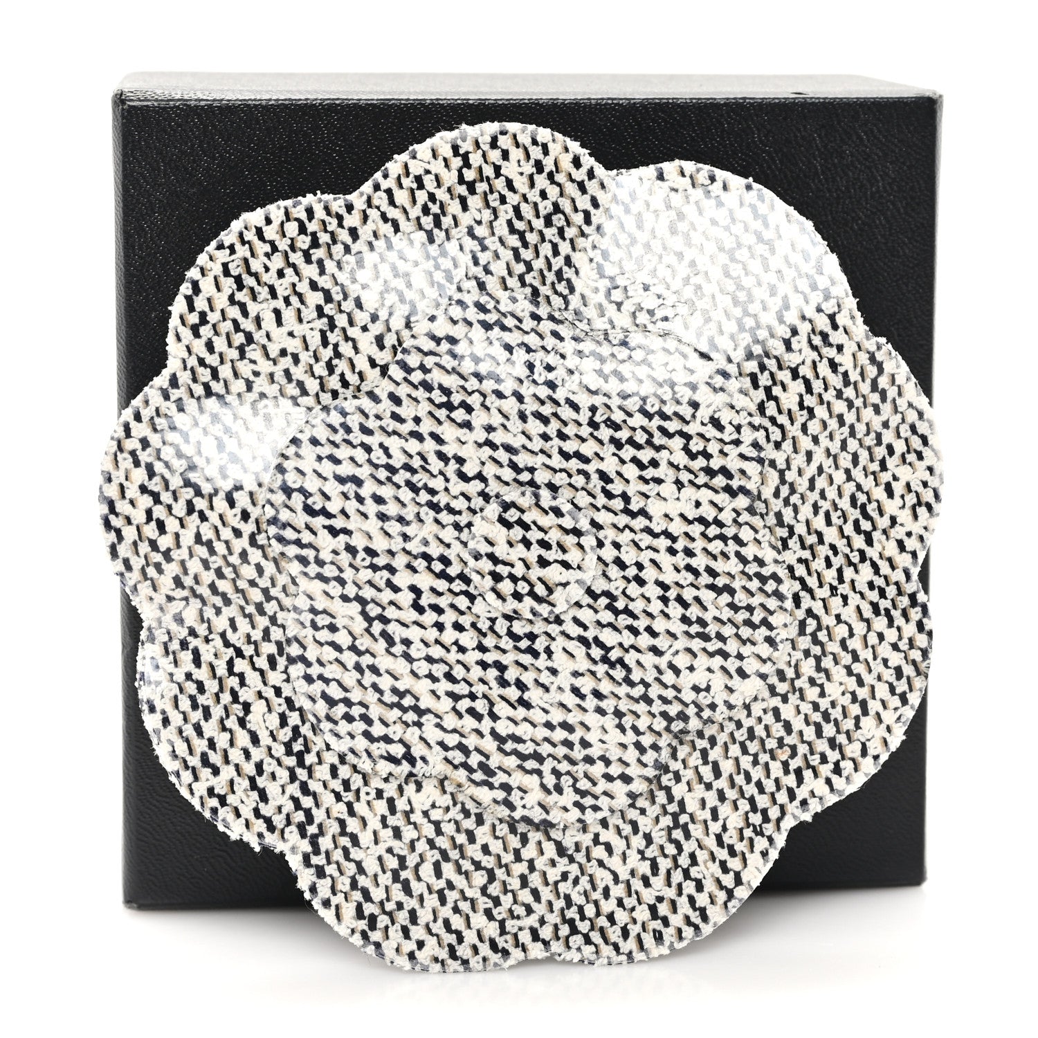 Patent Tweed Print Camellia Pin Brooch Grey
