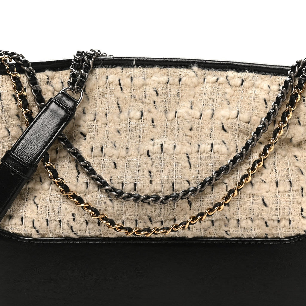 Chanel Tweed Calfskin Quilted Medium Gabrielle Hobo Ivory Black