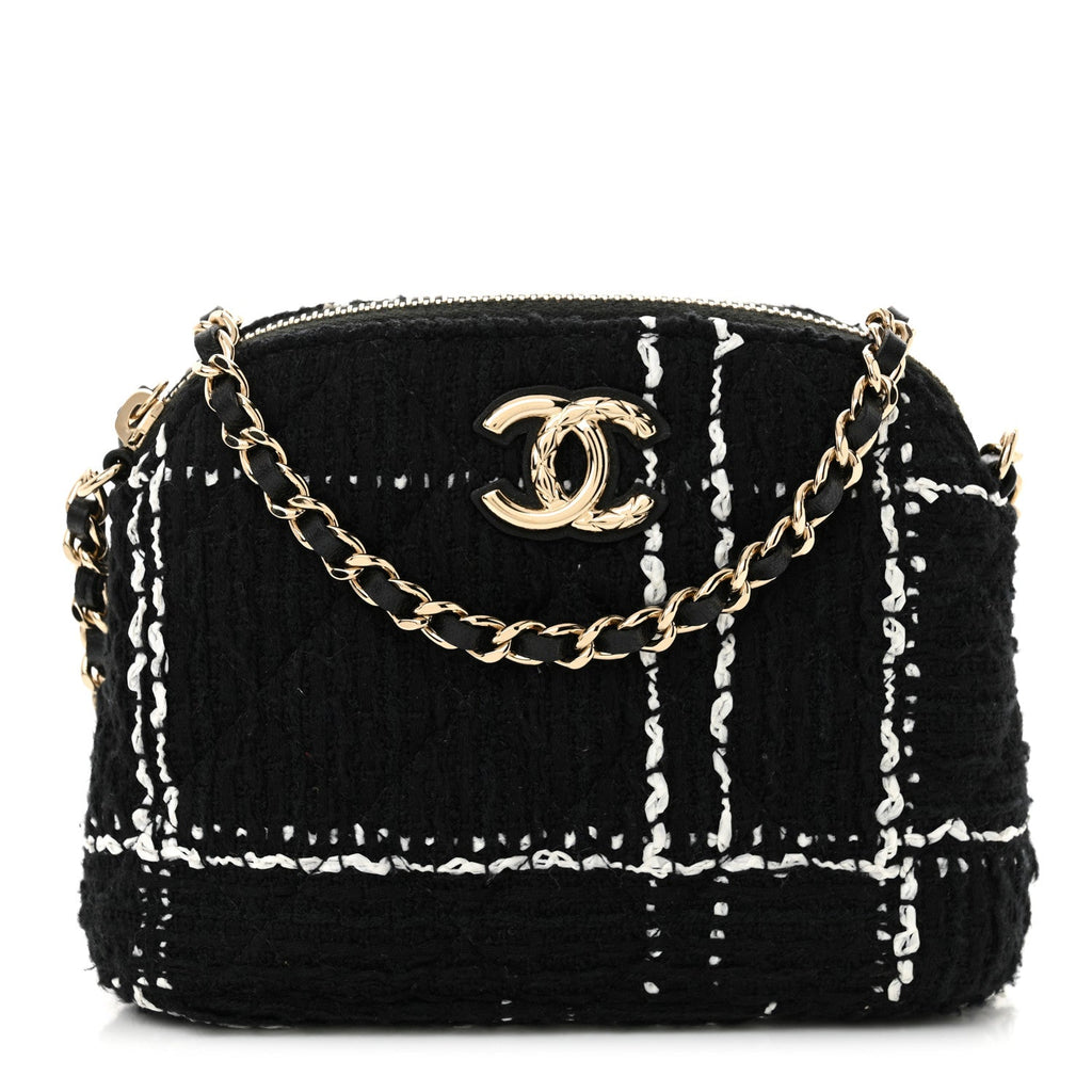 Chanel Tweed Quilted Mini Clutch With Chain Black White