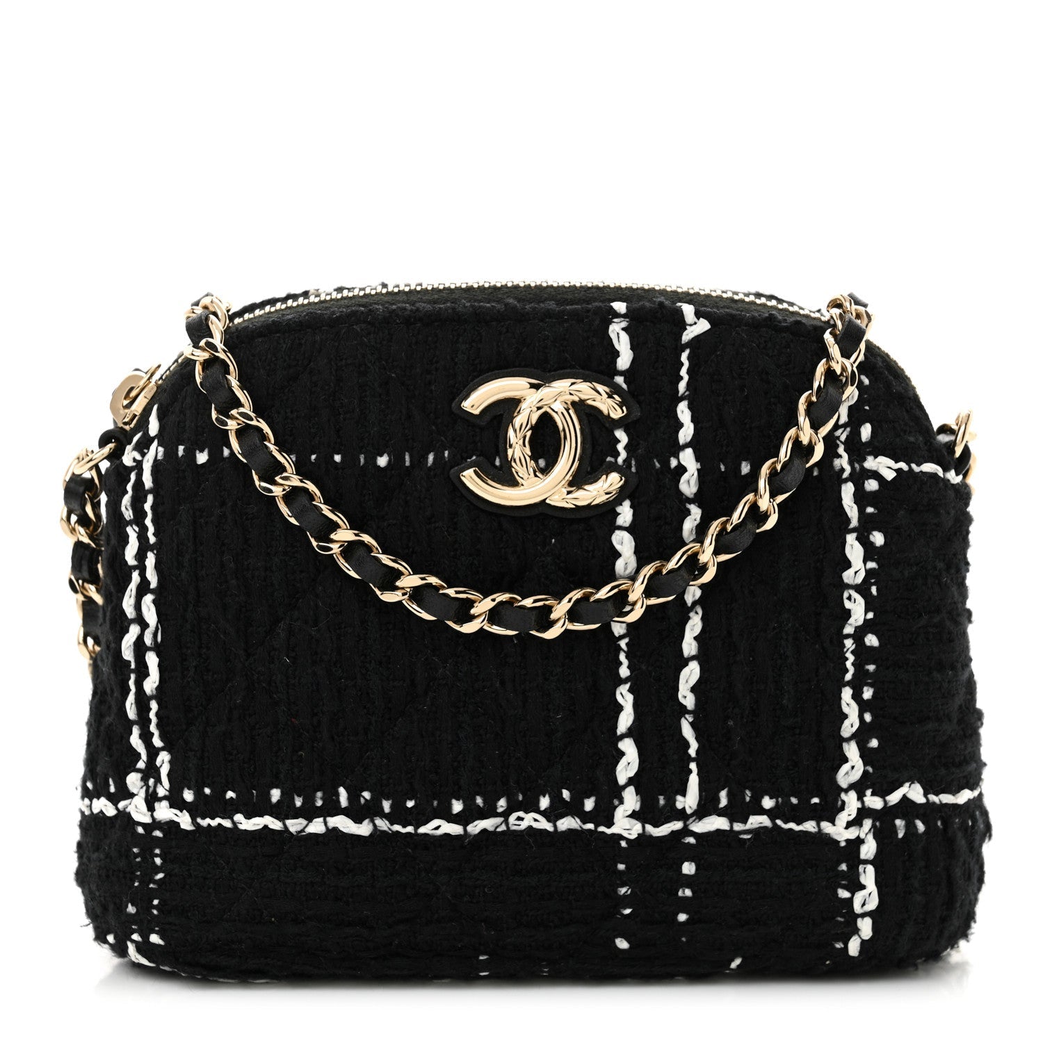 Chanel Tweed Quilted Mini Clutch With Chain Black White