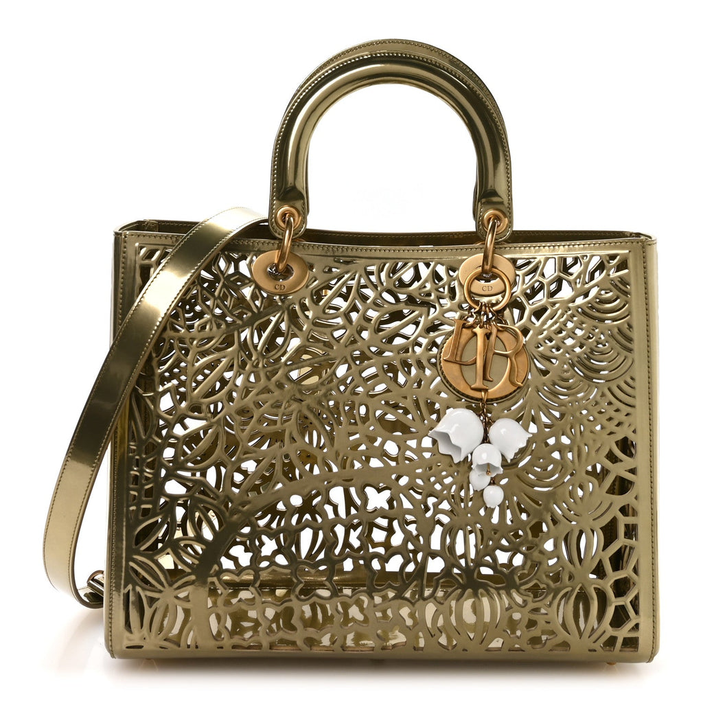 Christian Dior X DAVID WISEMAN Metallic Calfskin Laser Cut Large Lady Dior Gold
